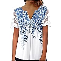 Womens Tunic Tops 2024 Summer V-Neck Floral Print T-Shirts Fashion Lace Patchwork Short Sleeve Comfy Button Blouses