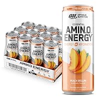 Optimum Nutrition Amino Energy Sparkling Hydration Drink with Electrolytes, Caffeine, Amino Acids, and BCAAs, Sugar Free, Watermelon and Peach Bellini Flavors, 12 Fl Oz, 12 Pack