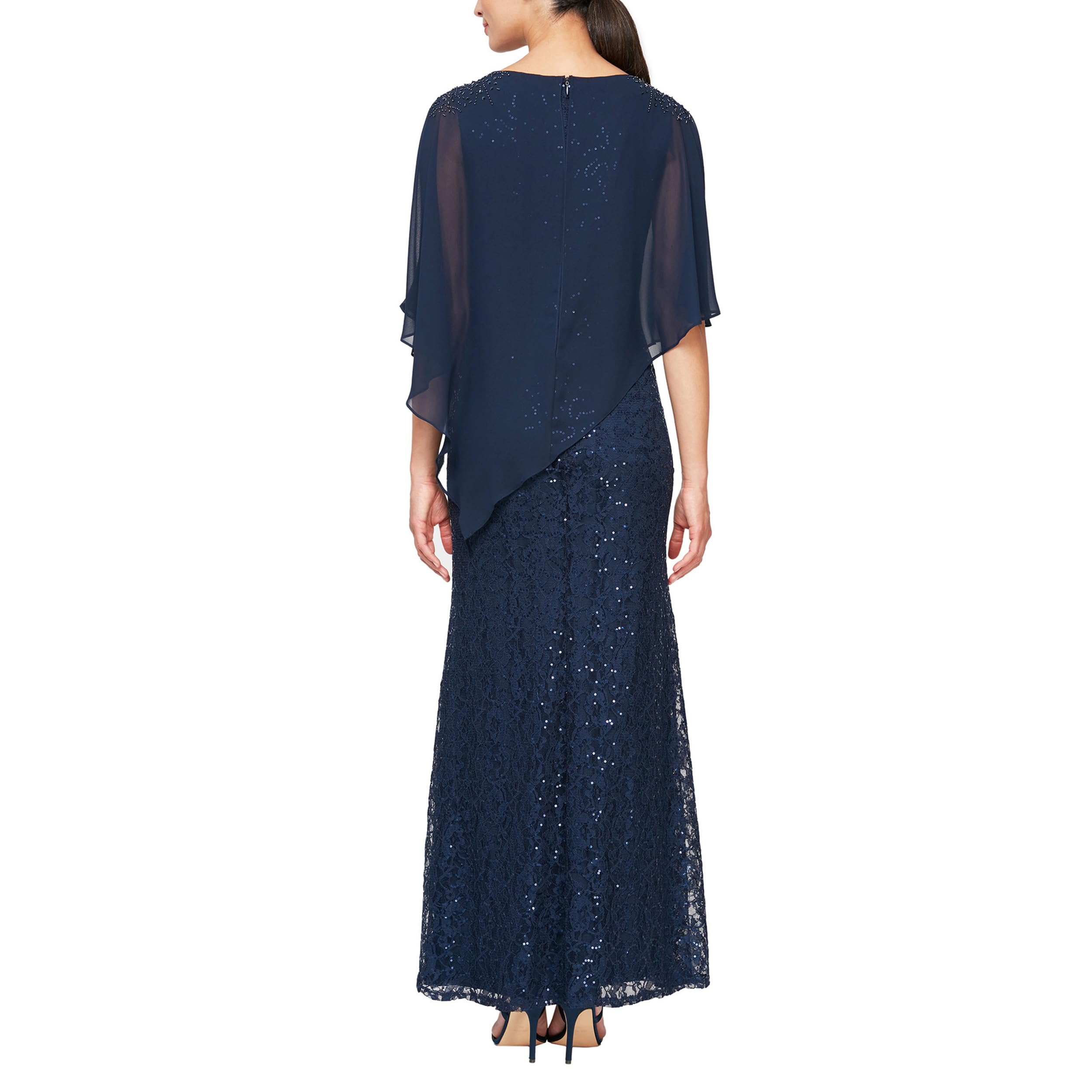 S.L. Fashions Women's Long Sequin Lace Beaded Capelet Dress