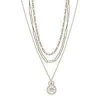 Nautica 14K Gold Plated Brass Necklace - Three Row Layered Pendant Chain Necklace for Women