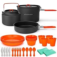 Odoland 30pcs Camping Cookware Mess Kit, Non-Stick Lightweight Pots Pan Kettle, Bowls Cups Plates Forks Knives Spoons for Camping, Backpacking, Outdoor Cooking and Picnic, 5-7 People