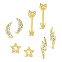 14K Gold Plated, Rose Gold Plated, Sterling Silver Celestial Earrings – Set of 4 Pairs of Studs – Mini Moons, Stars, Arrows and Lightning Bolt Earrings with Cubic Zirconia Stones