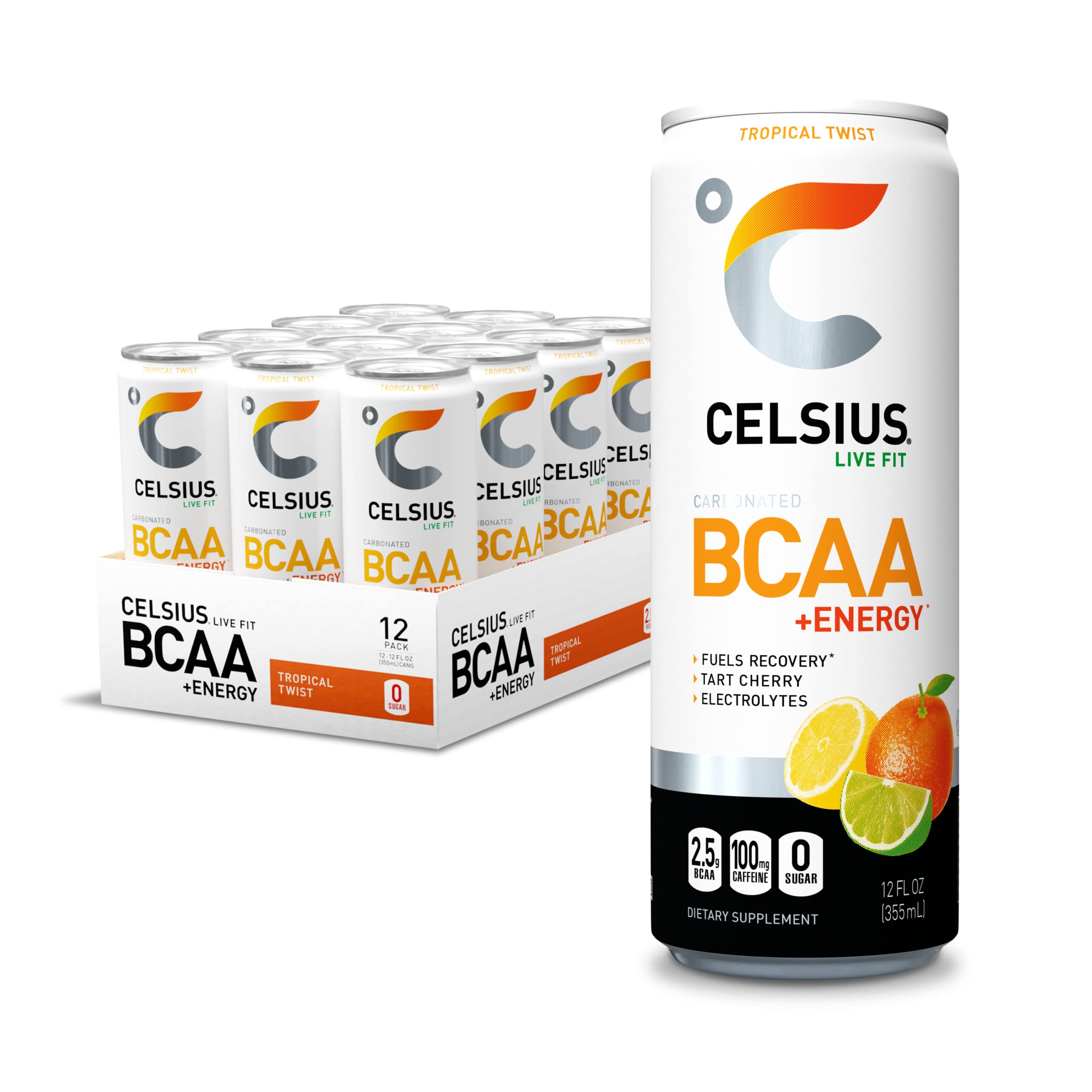 CELSIUS BCAA +Energy Sparkling Post-Workout Recovery & Hydration Drink, Tropical Twist, 144 Fl Oz (Pack of 12)