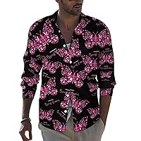Breast Cancer Awareness with Butterfly Casual Long Sleeve Shirts for Men Lapel Button-Down Top T-Shirts Pocket Tees