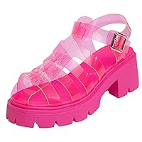 Women's Summer Sandals Chunky Platform Casual Double Band Block Heel Wedge With Buckle Ankle Strap Shoes(6.5,Hot Pink)