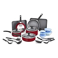 Nonstick Cookware Set with Glass Lids - Aluminum Bakeware, Pots and Pans, Storage Bowls & Utensils, Compatible with All Stovetops, 21 Piece, Red