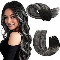Moresoo Sew in Hair Extensions Real Human Hair Short Ombre Hair Extensions Weft Real Human Hair Balayage Black with Silver Double Weft Human Hair Extensions 14Inch 100G