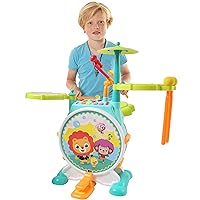 Dimple Kids Drum Set for Toddlers, with Adjustable Microphone, Lights, Stool, Drumsticks, Fun Sounds and 5 Songs, Electronic Musical Instrument Toy, Birthday Gift for 3-9 Year Old Girls and Boys