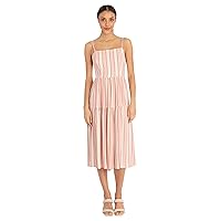 Donna Morgan Women's Colored, Multi Striped Square Neck Dress with Tiered Skirt, RED/Pink, 16