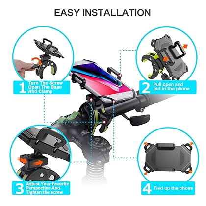 Asunby Bike Phone Mount,Bicycle Cell Phone Holder,Universal Motorcycle Handlebar Rack with 360° Rotation Adjustable Anti Shake Silicone Bands Cycling Fit All Smart iPhone 14 13 Pro max,Galaxy