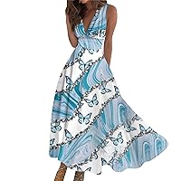 Dresses for Women 2024 Summer Sleeveless Beach Dress Elegant Flowy Sundresses Wrap V Neck Floral Print Maxi Dress