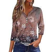 3/4 Length Sleeve Womens Tops V Neck Button Up Blouses Summer Three Quarter Sleeve Shirts Casual Loose Basic Tees