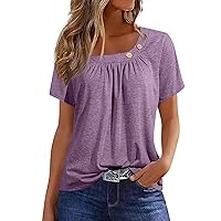 Short Sleeve Spring Classy Tops Women Tunic Home Button Slim Fit Ladies Crew Neck Polyester Comfort Printed Purple XL