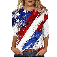 Women's American Flag Patriotic Tops Summer Casual Holiday 3/4 Sleeve T-Shirts 4th of July Crewneck Fashion Tees