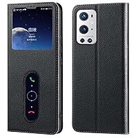 Clear Window Magnetic Flip Phone Cover, for Oneplus 9 Pro (2021) 6.7 Inch Stent Function Genuine Leather Shockproof Folio Case,Black