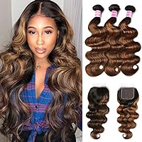 Beauty Forever #FB30 Highlight Color Brazilian Body Wave Human Hair 3 Bundles with 4x4 Lace Closure,Balayage Ombre Blonde Remy Human Hair Bundles with Free Part Swiss Lace Closure 18 20 22+16Inch