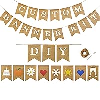 Custom Banner Kit with Holiday Flags, 109 Burlap Flags, Includes 95 White Printed Letters Numbers & Symbols, 14 Holiday Picture Flags, String & Needle, DIY, Imitation Burlap