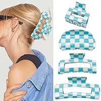 Blue Checkered Hair Claw Clips for Women 4Pcs Checkered Claw Clip Large Small Hair Clips Rectangle Square Clips for Thick Thin Hair Aesthetic Jaw Clips Y2K 90s Hair Accessories