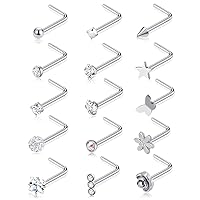 Tornito 15Pcs G23 Titanium Nose Rings Stud L Shaped Star Heart CZ Flower Butterfly Ball Nose Stud Pure Titanium Nostril Piercing Jewelry for Women Men 20G Silver Gold Tone