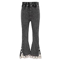 TiaoBug Kids Girls Slit Lace Hem Flare Jeans Casual Bell Bottom Pants Washed Distressed Denim Trousers with Pockets