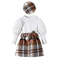 iiniim Toddler Little Girl Fall Winter Outfits Puff Sleeve Shirt Tops with Plaid Mini Skirts Beret Hat Clothes Set