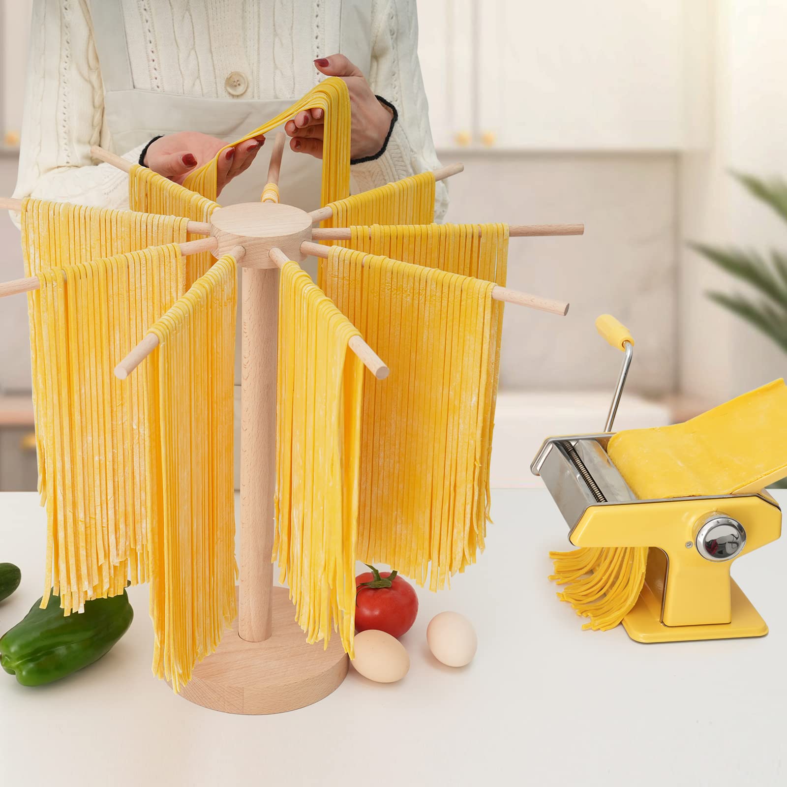 Pasta Drying Rack, Large Wood Pasta Rack Collapsible for Fresh Pasta Noodle Spaghetti Dryer Hanger Stand