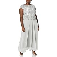 J Kara Women's Plus Size Cap Sleeve Embroidered Gown with Scallop Edging