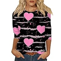 Valentine's Day Womens Tops 3/4 Sleeve Shirts Round Neck Loose Casual Blouses Heart Print Tshirts Shirts for Women