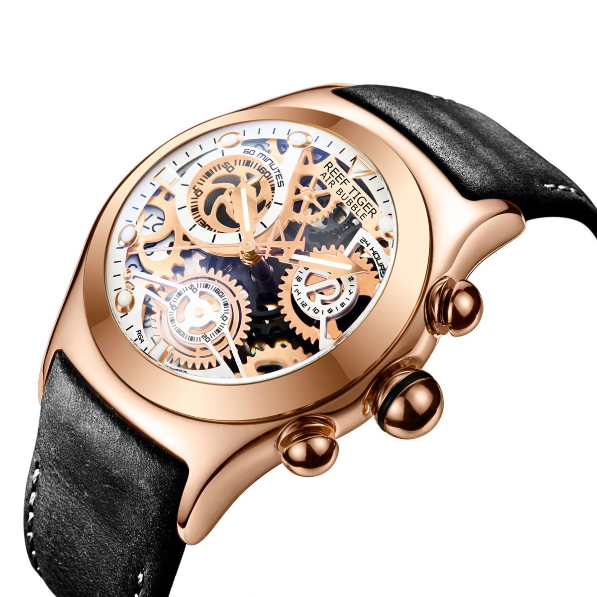 REEF TIGER Luminous Chronograph Sport Rose Gold Skeleton Dial Watch with Date RGA792