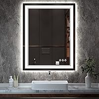 LED Mirror, 28x36 Inch Gradient Front and Backlight Lighted Mirror, 3 Colors Dimmable CRI>90 Double Lights, IP54 Enhanced Anti-Fog, Hanging Plates Wall Mount LED Bathroom Mirror