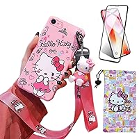 Compatible with iPhone SE 2022/2020 iPhone 7 8 Case with Screen Protector, Cartoon Cute Funny Kawaii Cat Kitty Animal Character Phone Case Silicone Lanyard 3D Cover Case for Kids Girls and Womens