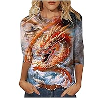 3/4 Sleeve Shirts for Women Novelty Chinese Dragon Graphic Blouses Chinese Dragon T-Shirt Funny Anime Graphic Tee Shirt