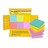 Post-it Super Sticky Notes, 3x3 in, 6 Pads/Pack, 90 Sheets/Pad, Amazon Exclusive Bright Color Collection, Aqua Splash, Acid Lime, Tropical Pink, Sunnyside, Guava and Iris Infusion