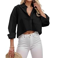Crop Tops for Women Button Down Collared Long Sleeve Shirts Casual Loose Fit Cropped Blouses with Chest Pocket
