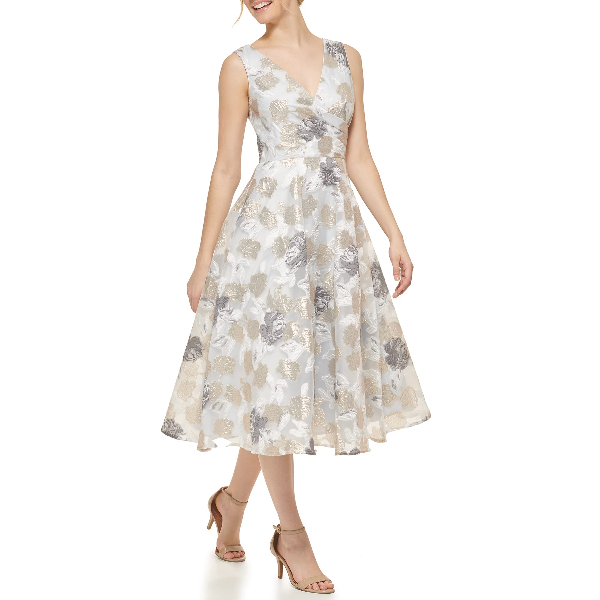 Eliza J Women's Midi Style Floral Organza Sleeveless V-Neck Dress