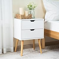 End Side Table Nightstand with Storage Drawer, Fashion Modern Assemble Storage Cabinet Bedroom Bedside, Solid Wood Legs Living Room Bedroom Furniture, Double Drawer Nightstand (White)