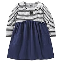 Toddler Girls Long Sleeve Cartoon Print Dress Swing Ruffled Knit Cute Midi Dress Applique Leopard Polka Dots Kids Dress