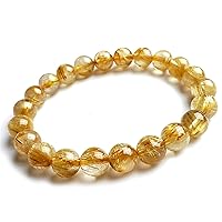 Natural Yellow Gold Rutilated Quartz Crystal Round Bead Bracelet 9mm AAAAA