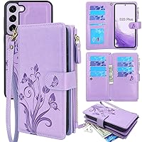 Compatible with Samsung Galaxy S23+ Plus 2023 Case [12 Card Slots] ID Credit Cash Holder Zipper Pocket Detachable Magnet Leather Wallet Cover with Wrist Strap Lanyard (Floral Light Purple)