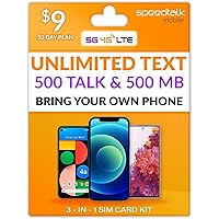 SpeedTalk Mobile SIM Card Unlimited Text 500 Minutes Talk 500MB Data for 5G 4G LTE Apple iPhone Android Smart Phones | 3 in 1 Prepaid Simcard - Standard Micro Nano | No Contract Cellphone Plan