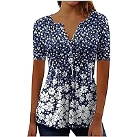 Blouses for Women Dressy Casual, Ladies Top Floral Print V-Neck Short Sleeve Button T-Shirt