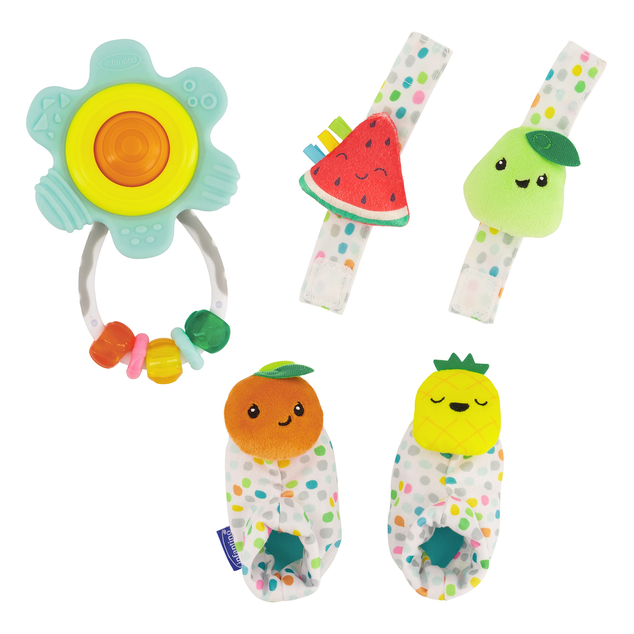 Infantino Baby's 1st Rattle Bundle Gift Set, Wrist Rattles, Foot Rattles, Spin & Teethe Gummy Rattle, Multicolor Fruit-Themed, 3-Piece Value Set for Babies 0M+