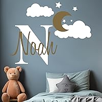 Custom Name & Initial Moon Clouds Stars - Baby Boy - Nursery Wall Decal for Baby Room Decorations - Mural Wall Decal Sticker for Home Children's Bedroom (Wide 32