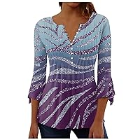 Button Down Neck Tops for Women Henely V Neck Plus Sized Printed Blouse Fashion 3/4 Sleeve Pleated Baggy T Shirts