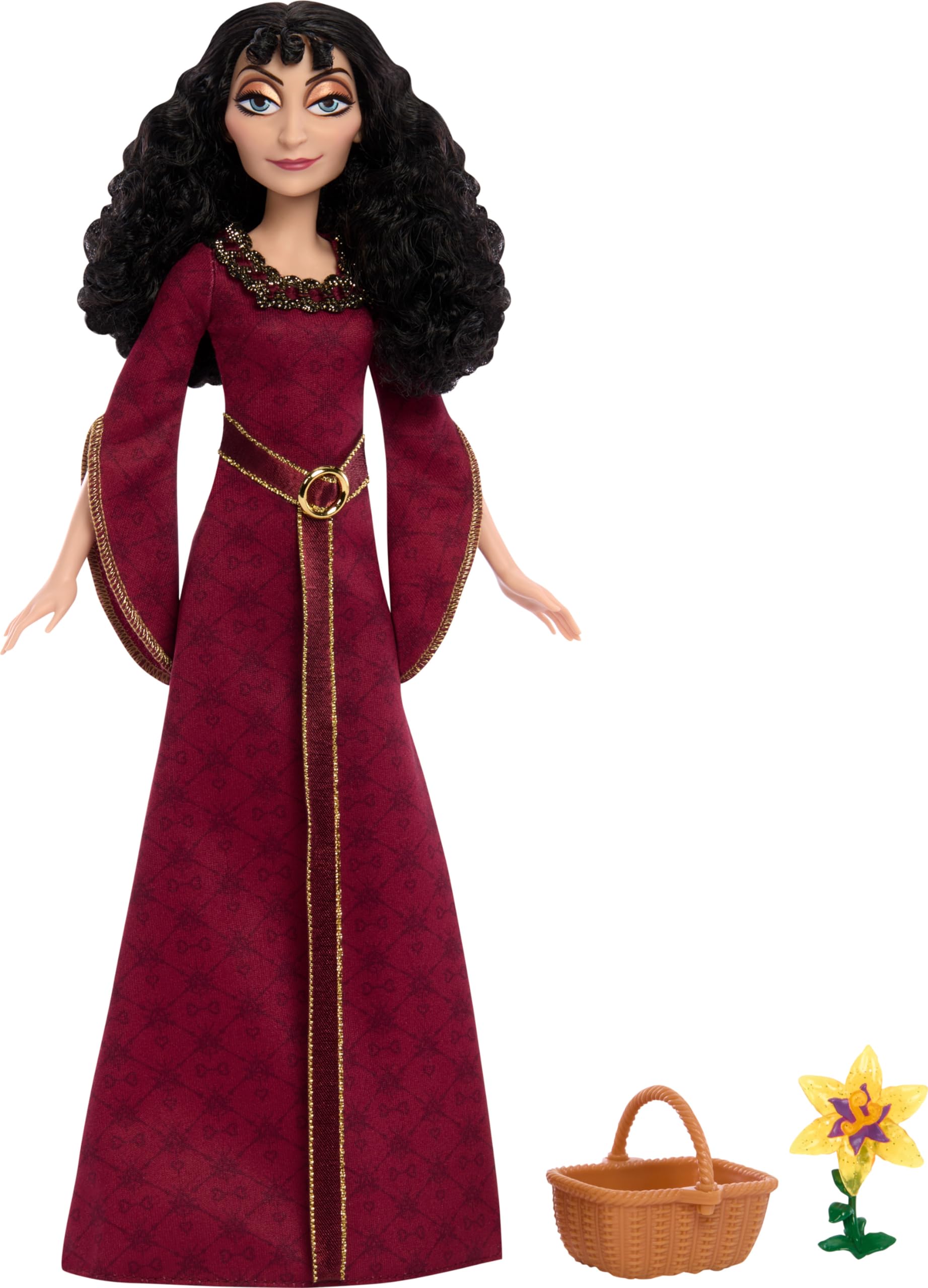 Mattel Disney Villains Mother Gothel Fashion Doll with Removable Outfit and Basket & Flower Accessories, Inspired by Mattel Disney Movie Tangled, Posable (Amazon Exclusive)