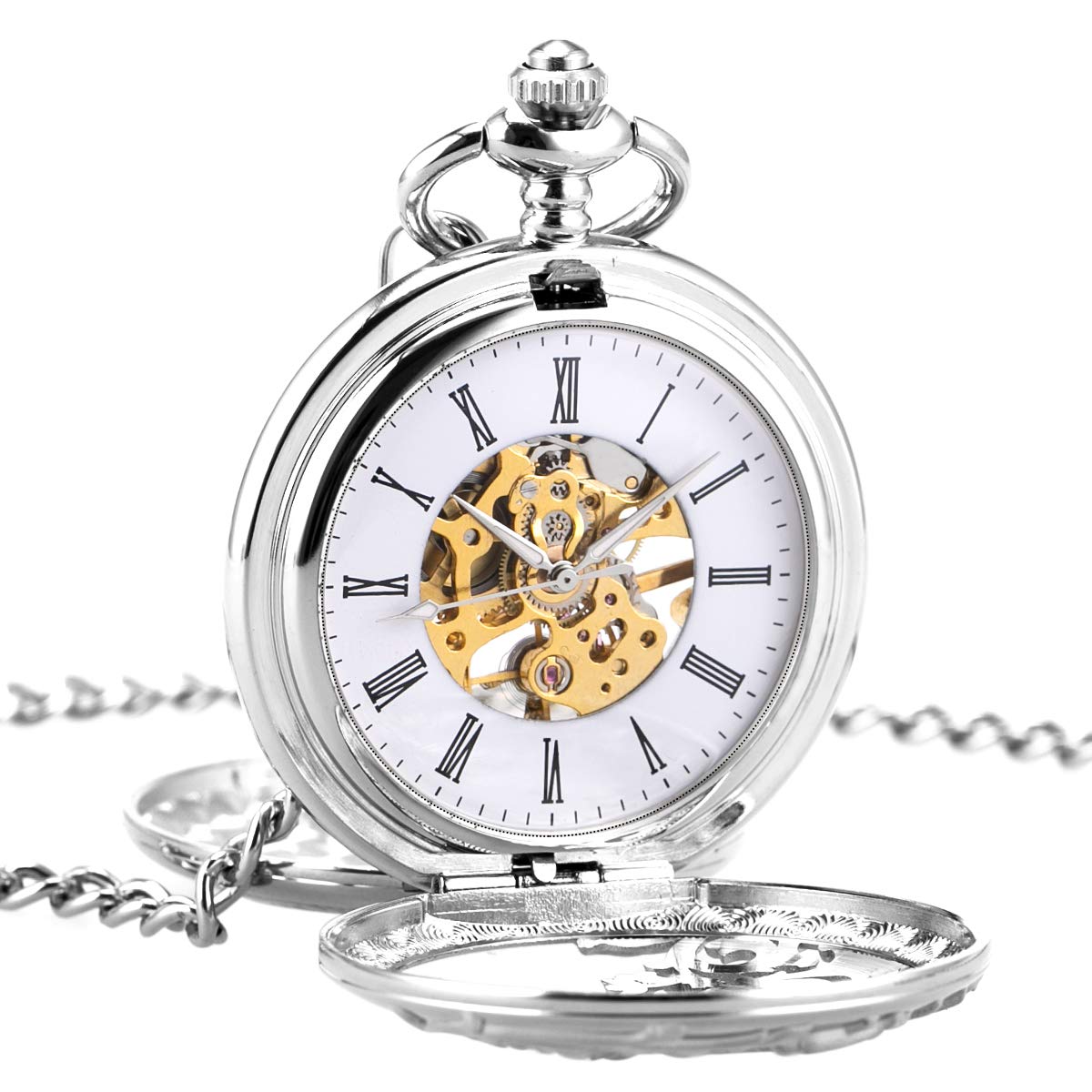Mens Skeleton Mechanical Pocket Watch - Dragon Hollow Double Hunter Black Roman Numerals White Dial with Chain + Gift Box