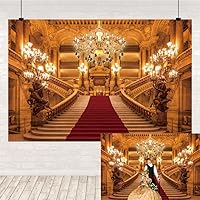 Gold Luxurious Palace Backdrop Old Church European Castle Golden Vintage Church Chandelier Staircase Red Carpet Girls Lover Wedding Ceremony Birthday Photography Background Photo Booth 7x5ft