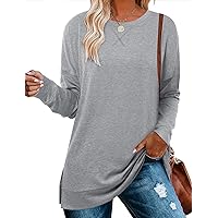 BETTE BOUTIK Drop Shoulder Long Sleeve Plain Tunic Top Long Sleeve Tunic Sweatshirts for Women Cute Tops for Women Tunic with Side Slits Grey Large