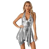 ACSUSS Womens Metallic Shiny Halter Irregular Hem Dress Deep V Sleeveless Flare Dresses Clubwear