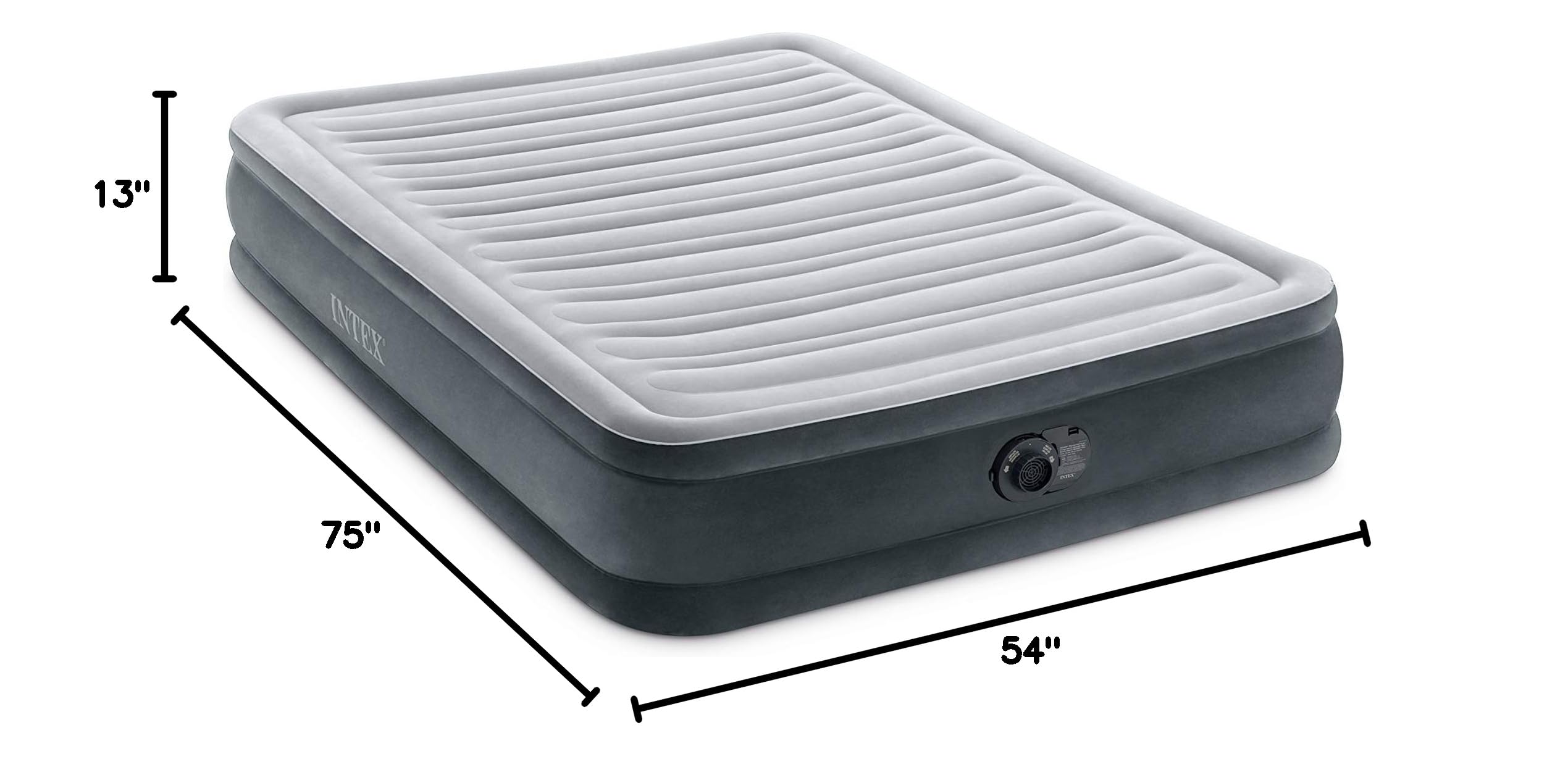 INTEX 67767ED Dura-Beam Deluxe Comfort-Plush Mid-Rise Air Mattress: Fiber-Tech – Full Size – Built-in Electric Pump – 13in Bed Height – 600lb Weight Capacity,Grey